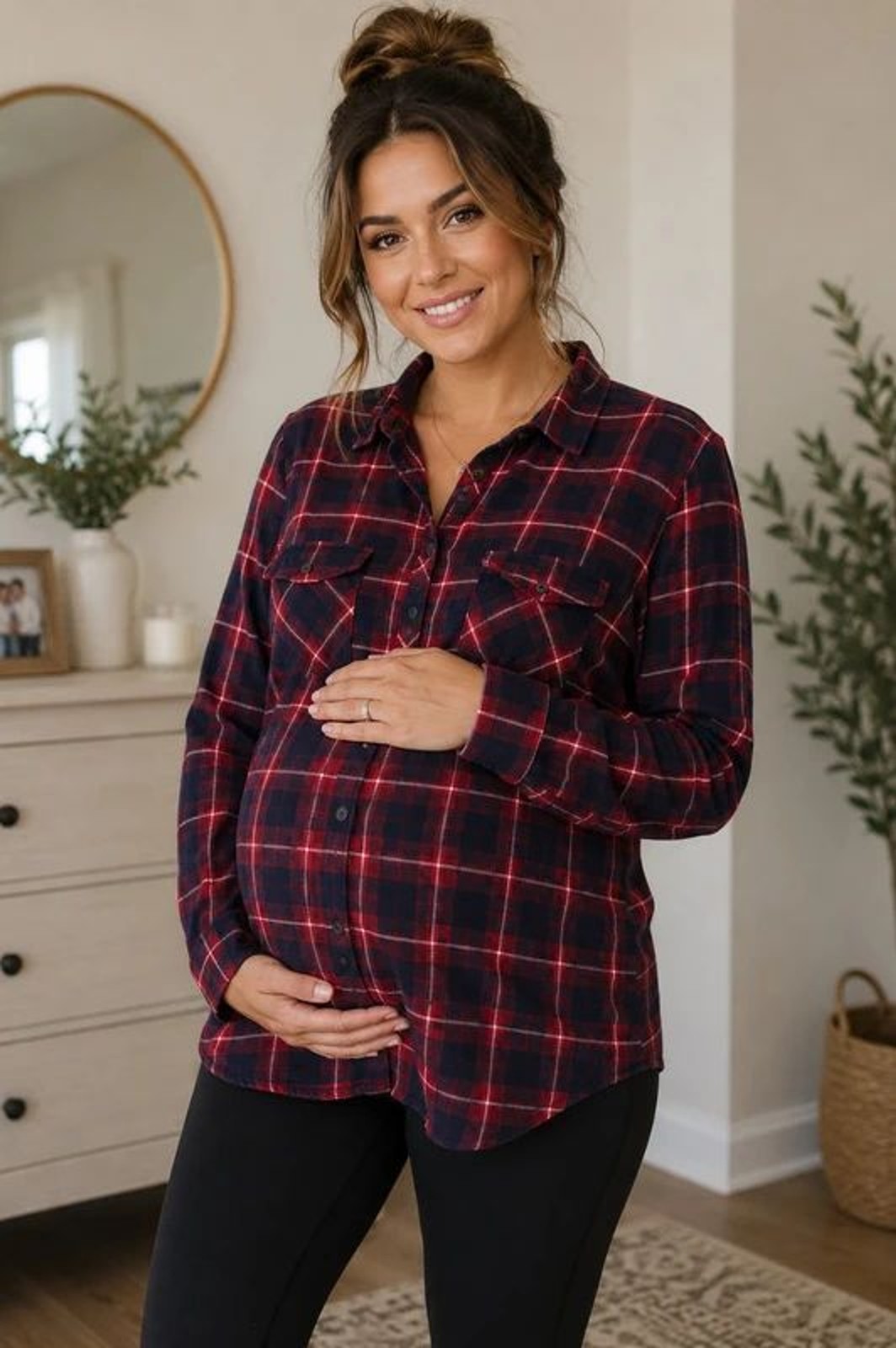Eden & Olivia Maternity Red & Navy Plaid Button Front Shirt Size Large