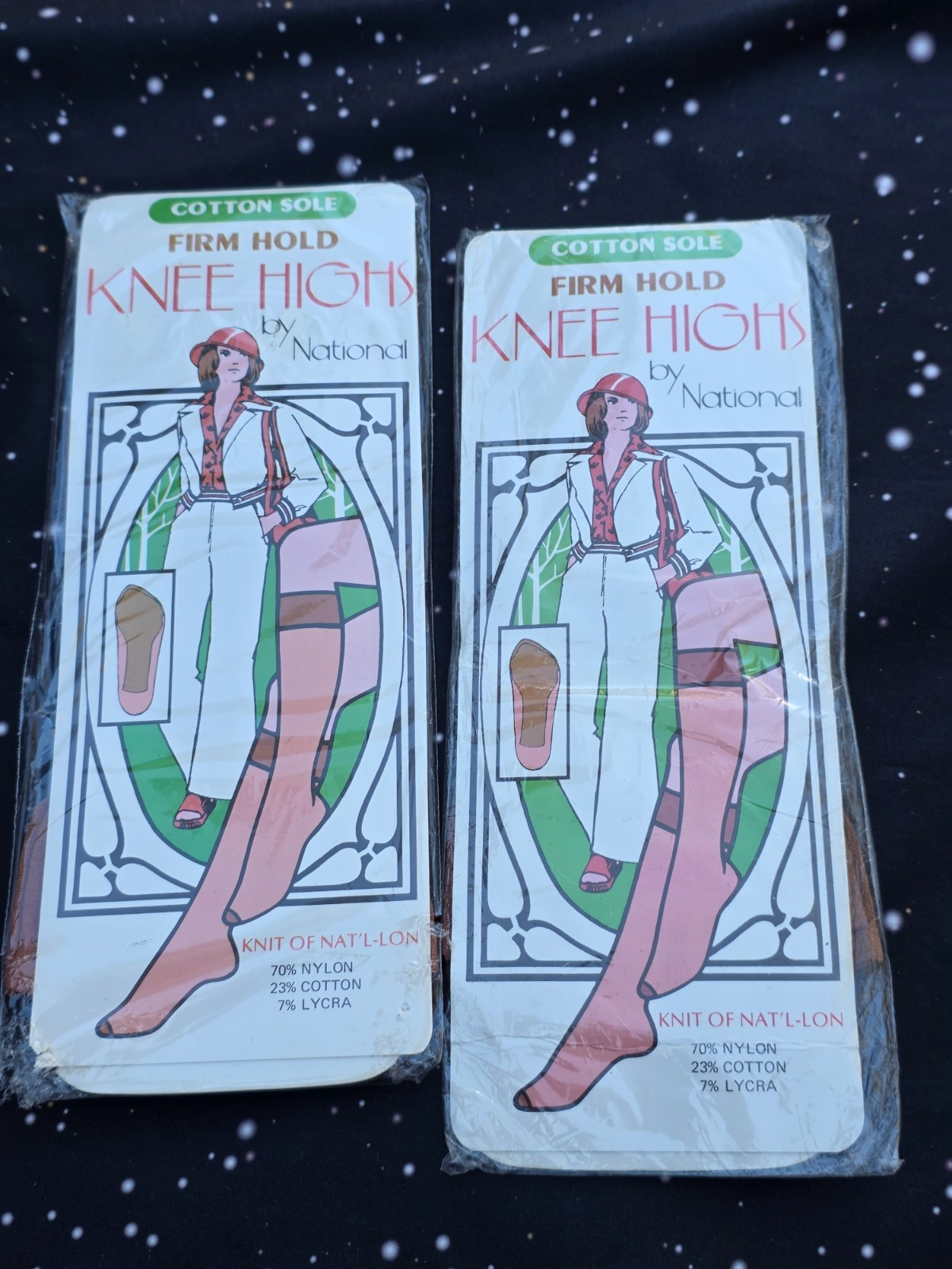 2 Vintage Beige/Tan Knee Highs by National COTTON SOLE FIRM HOLD Sealed NOS USA