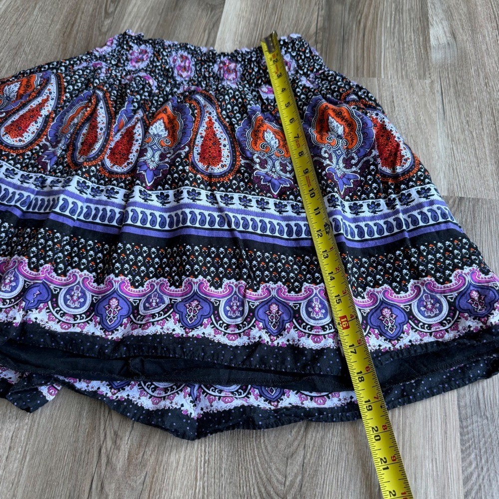 Y2K Chime Boho Paisley Smocked Mini Skirt Purple Orange Floral Festival Size M