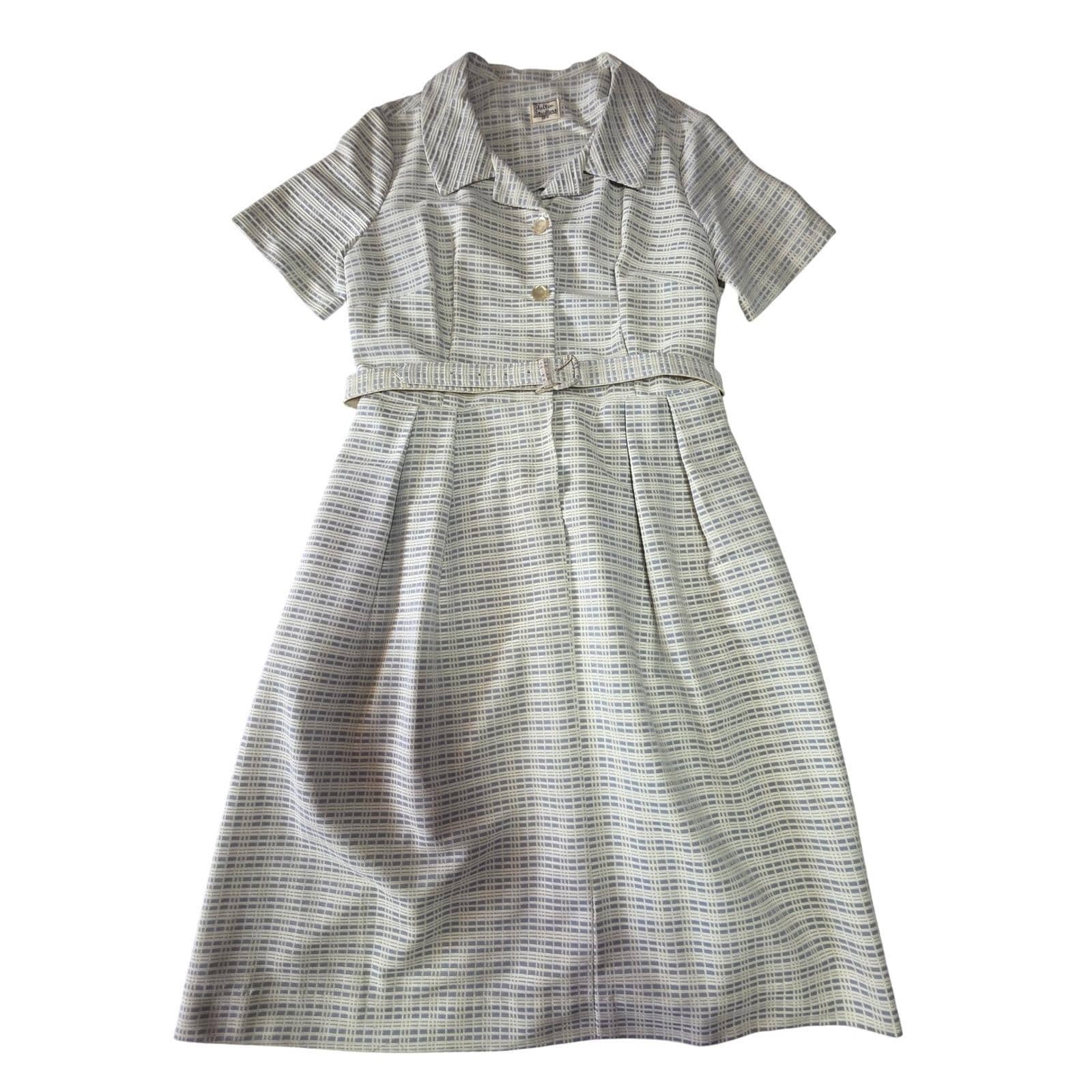 Shelton Stroller Vintage 50s Shirt Dress Belted White Blue Size 18 1/2