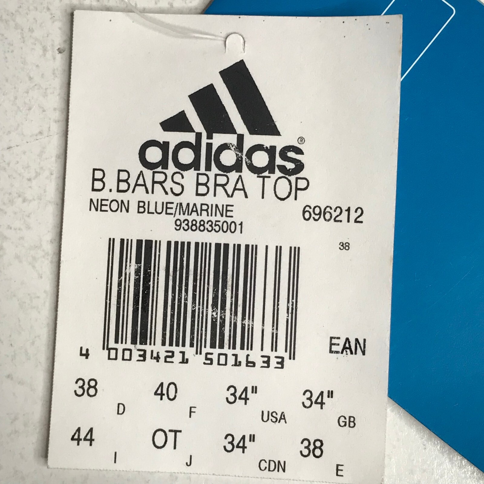 Adidas Vintage Bra Top Neo Blue Marine Size USA 34 New Old Stock