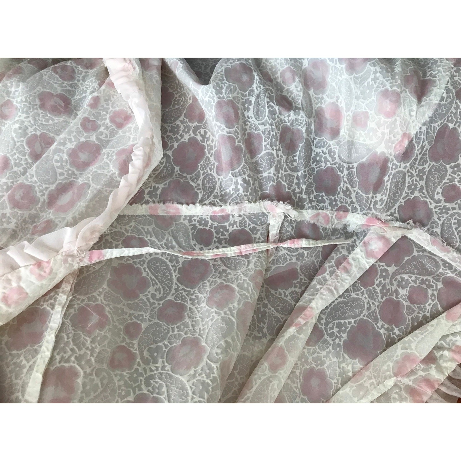 Jane Joyce 1940s Robe Sheer White Paisley Pink Floral Ruffled Dressing Gown