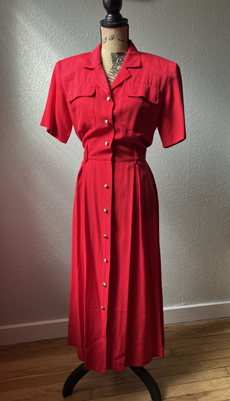 1980s Lipstick Red Button-Up Shirt Dress S M 80s Stranger Things Secretary Retro