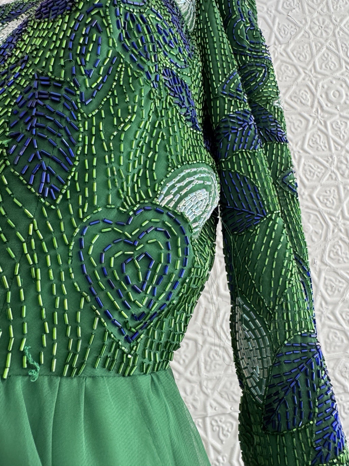 1980s Green Beaded Chiffon Cocktail Dress-Floral-Foliage-Glam-Hollywood-S/M
