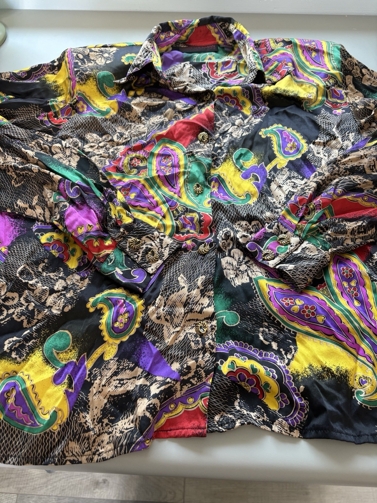 Vintage Jerri Sherman Collection Floral Paisley Multicolor Silk Shirt Blouse Top