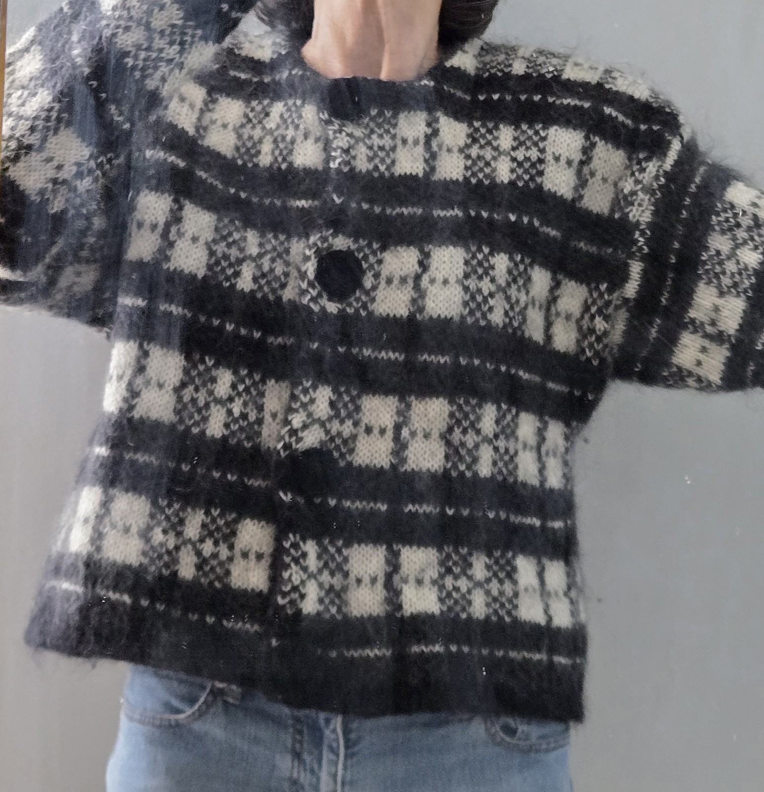 Vintage Boundary Waters Mohair Black White Striped Houndstooth Buttons Sweater