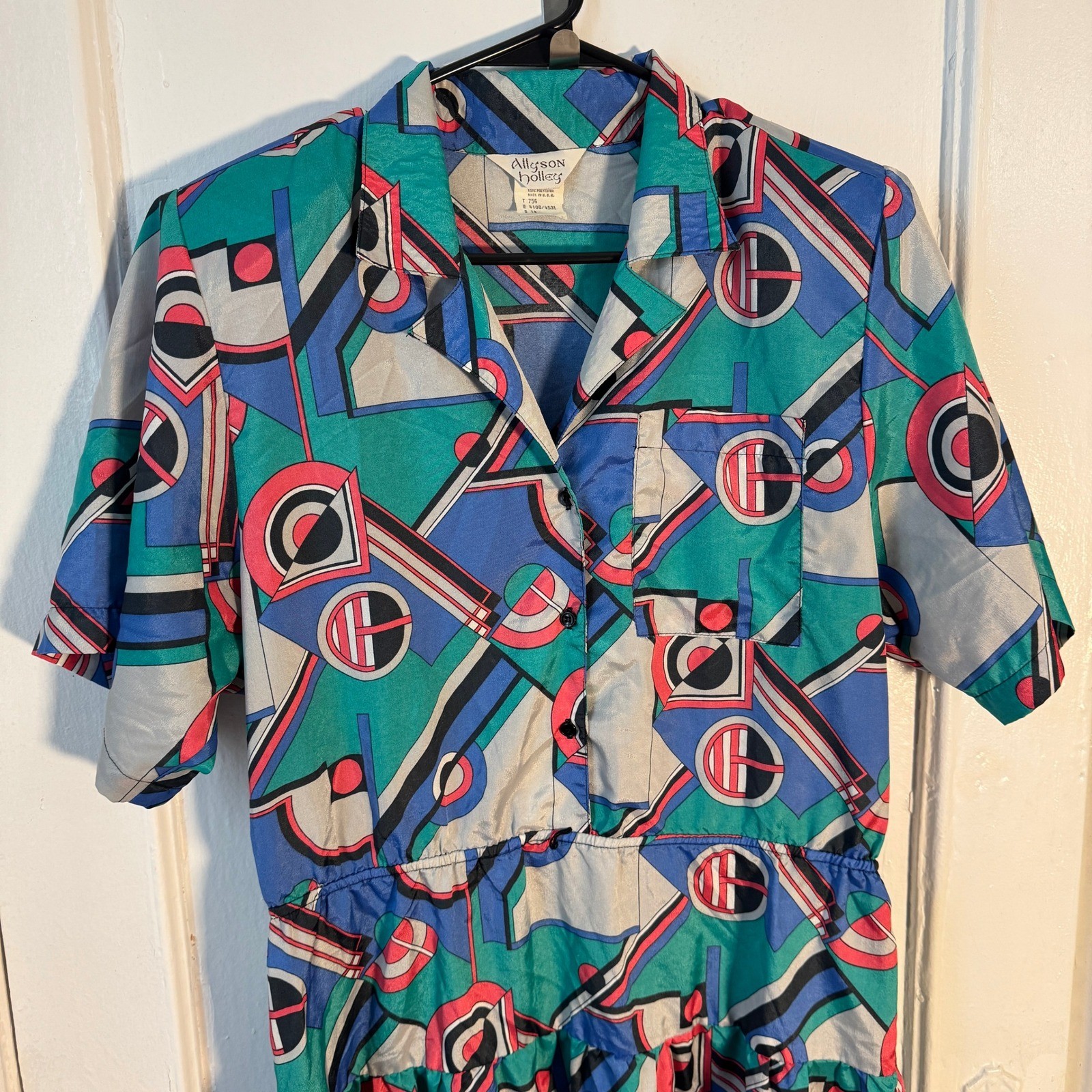 Memphis Vtg 80s Dress Geometric Allyson Holley Abstract Teal Blue L Maximalist