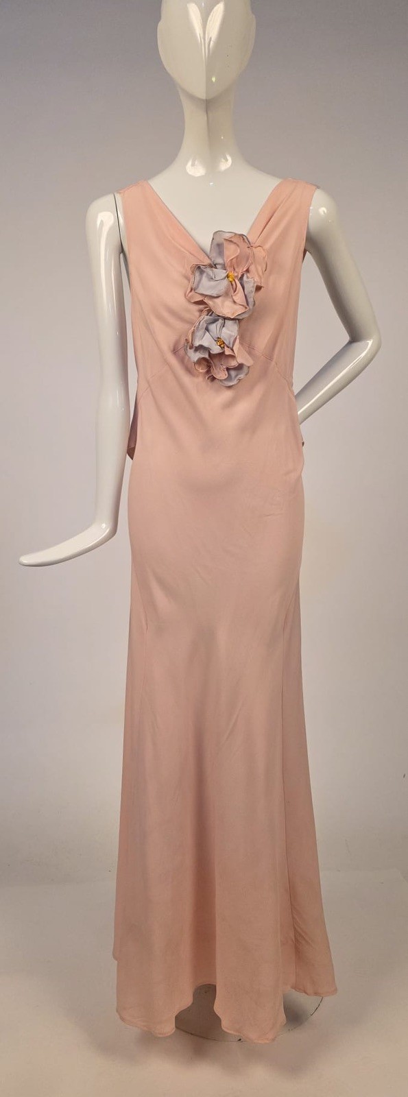 1930’S BIAS SILK CREPE LONG DRESS W FLORALS + MATCHING SLIT BELL SLEEVE JACKET