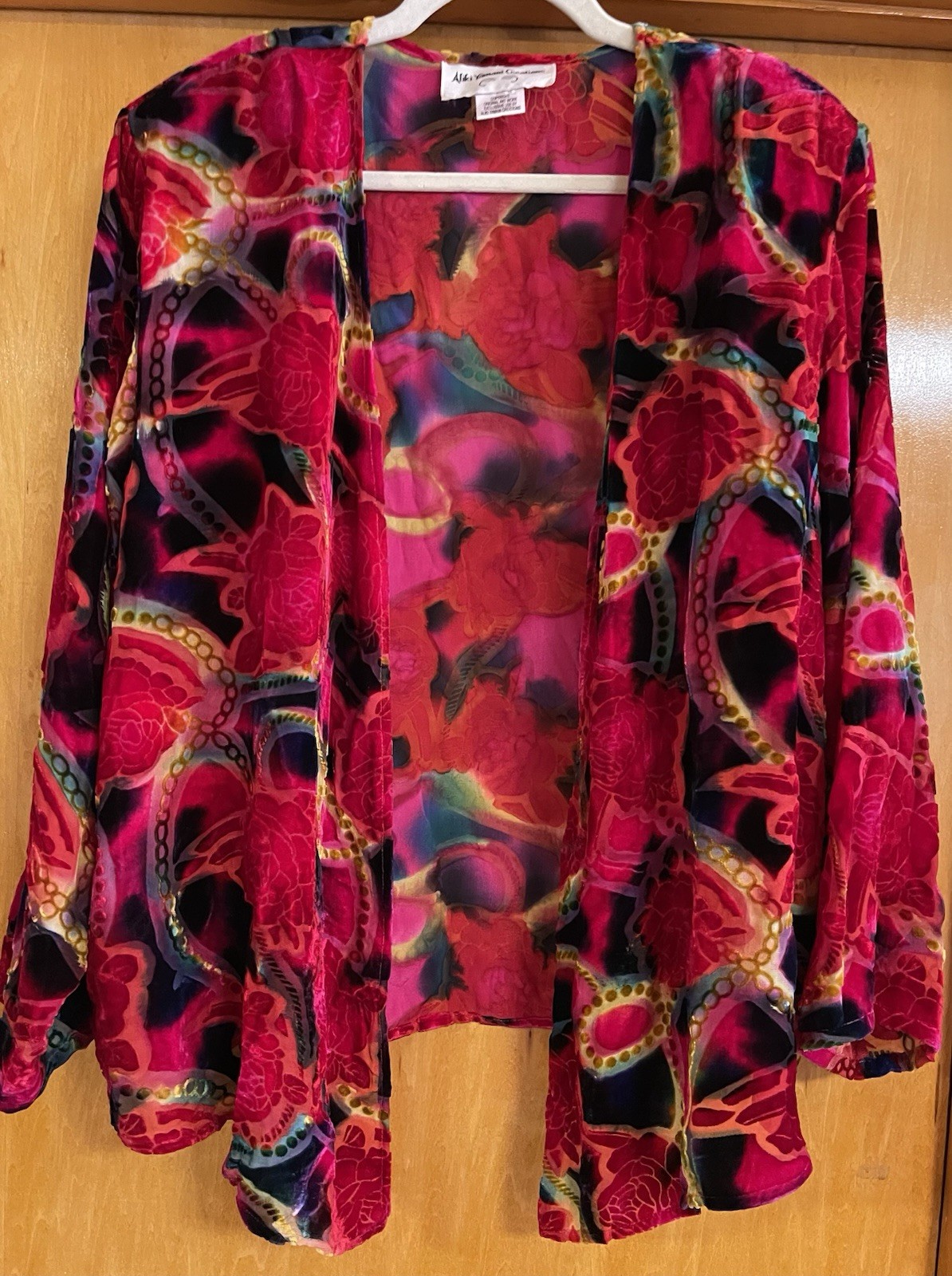 Vintage ALIKI YAMANI CREATIONS, XL, Silk Rayon Cardigan, Burn Out Velvet, EUC