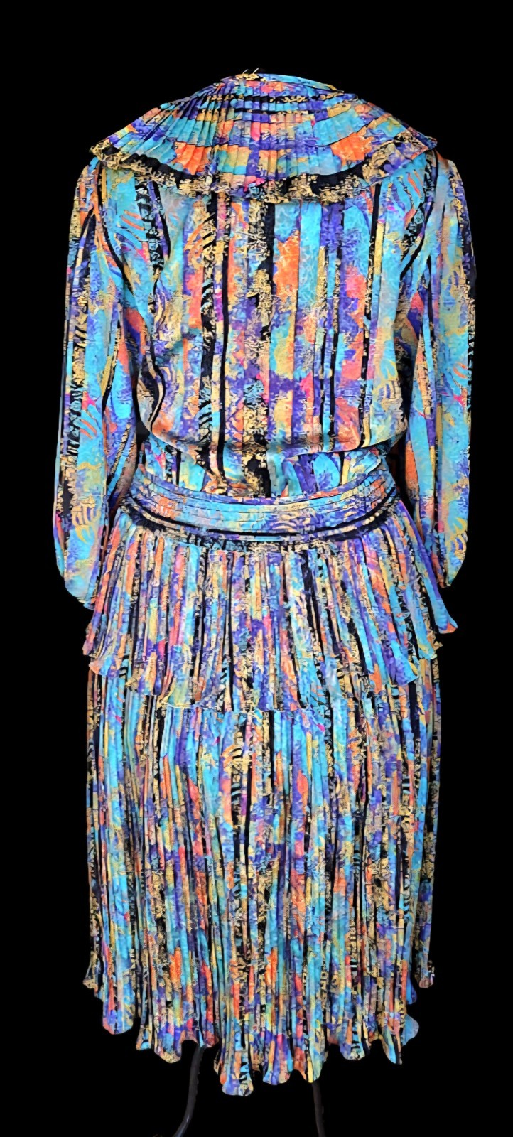 1980s SUSAN FREIS GEORGETTE Ruffled Pleated Smocked Waist Poly Bohemian Dress M