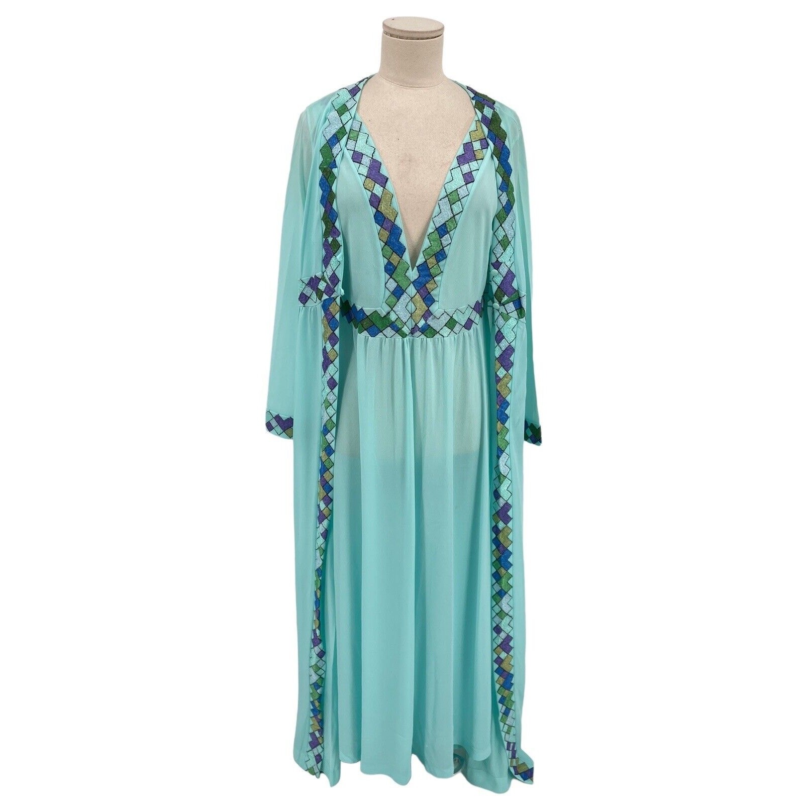 Vintage Emilio Pucci For Formfit Rogers Nightgown Robe Harlequin Nights Blue M