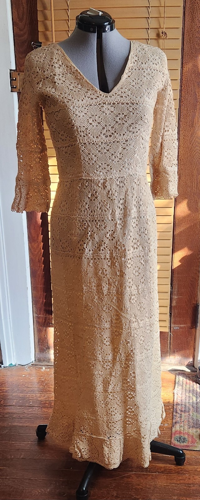 Woman’s Vintage Handmade Crochet Dress Size Small, Naturally Even Almond Patina