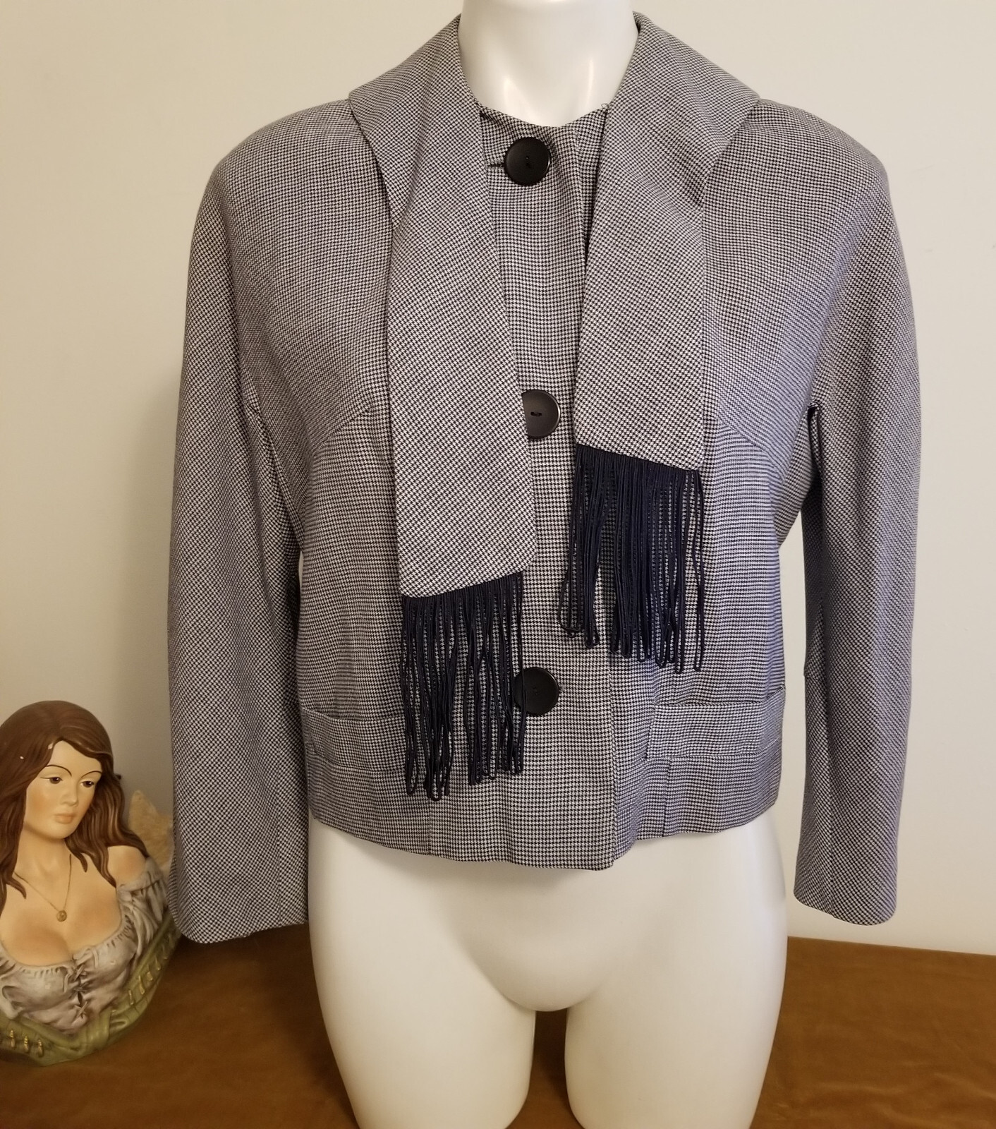 Vintage Navy Blue Houndstooth Check Cropped Blazer Suit Jacket Ascot Secretary L