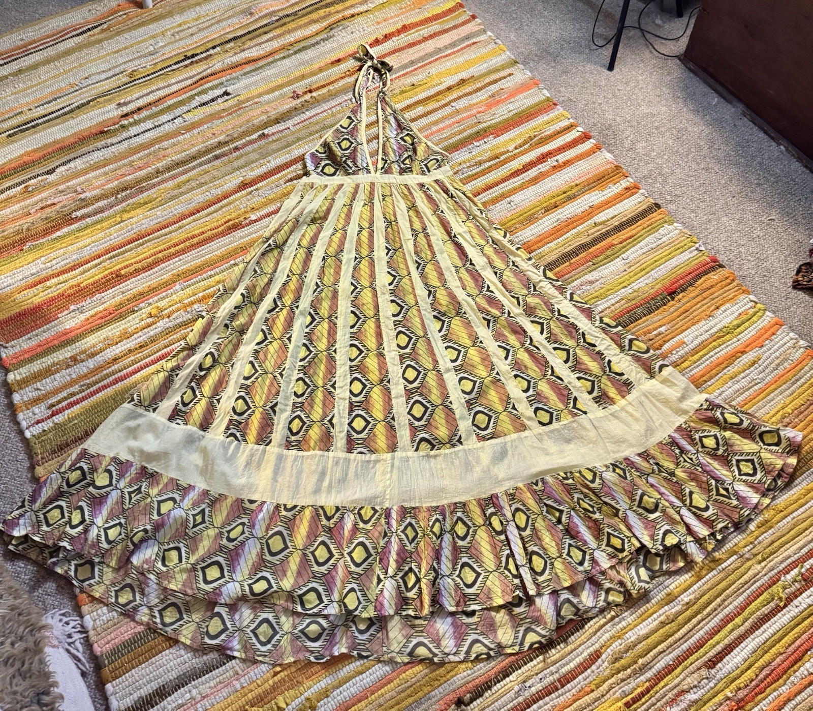Vtg Yellow 70s Halter Gauze Cotton India Maxi Dress Full Sweep Hostess Boho Glam