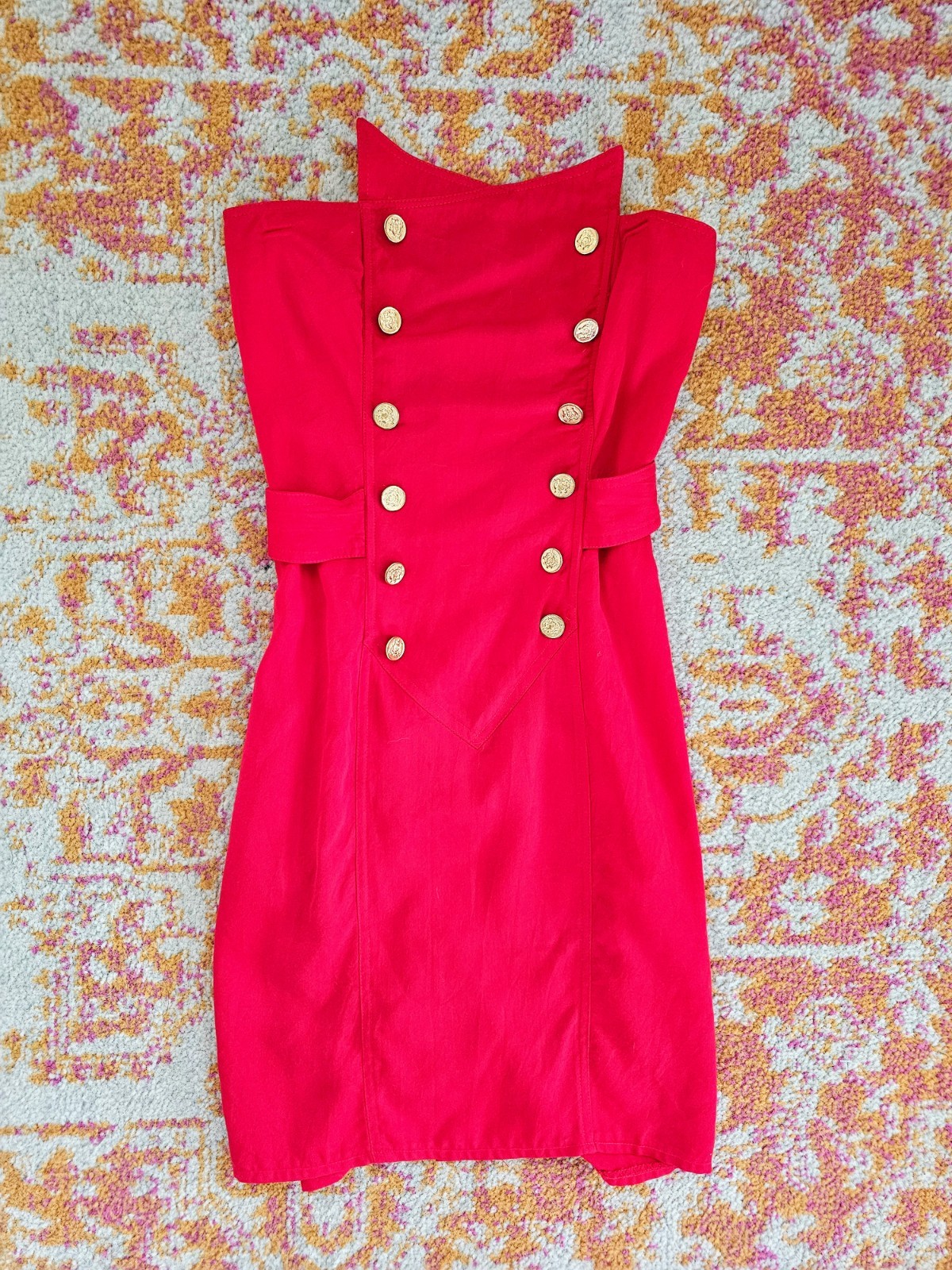 Vintage 80s Red Strapless Holiday Dress w/ Gold Buttons – La Belle – Small