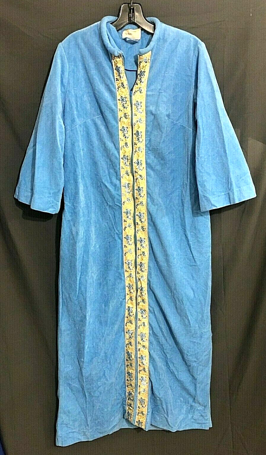 VTG LISANNE Zip-Up BLUE FLEECE ROBE Embroidered Front Stripe KAFTAN DRESS sz M
