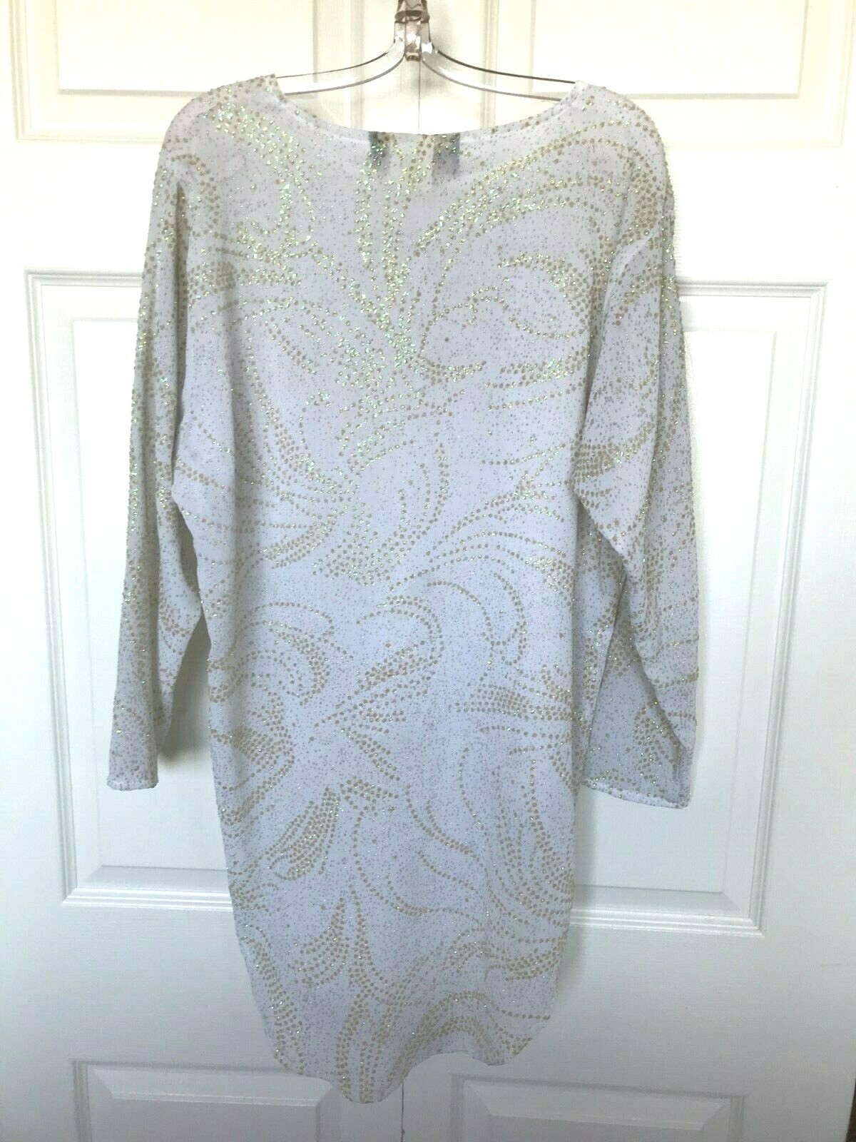 Women vtg disco blouse beads sequin top white gold Francine Browner Rumours 44″