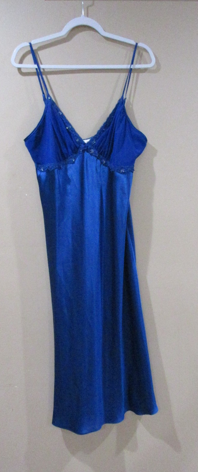 VTG 90’s SEARS INNER MOST BLUE SATIN W/ SEQUIN CHIFFON BODICE NIGHTGOWN SZ L