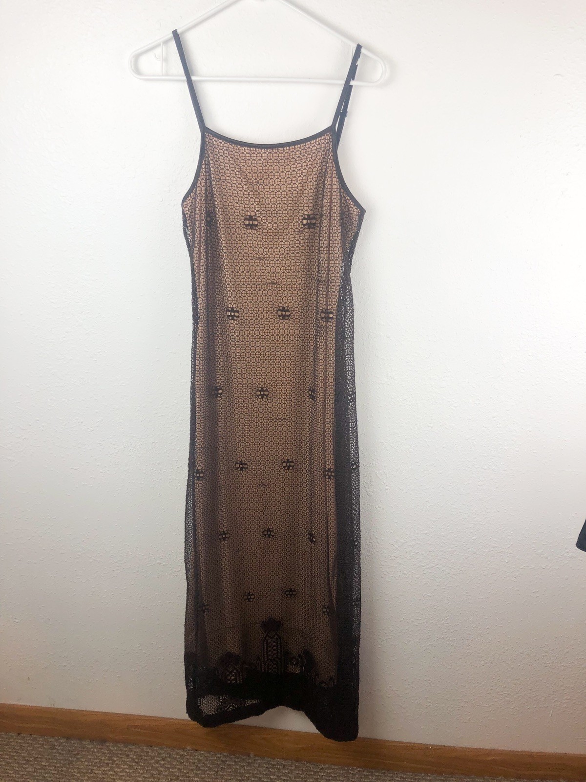 Vintage Express Crochet Lace Slip Dress SZ5/6 Brown Maxi 90s Y2K Festival A6