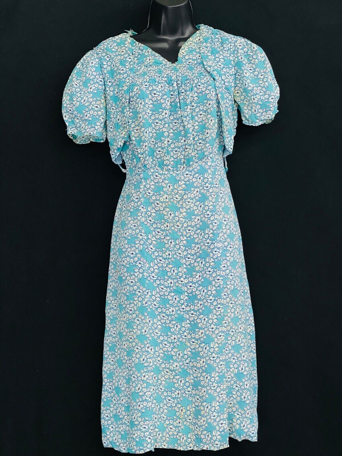 Vintage 1940s teal floral dress S blue green white short puffed sleeves 1930s