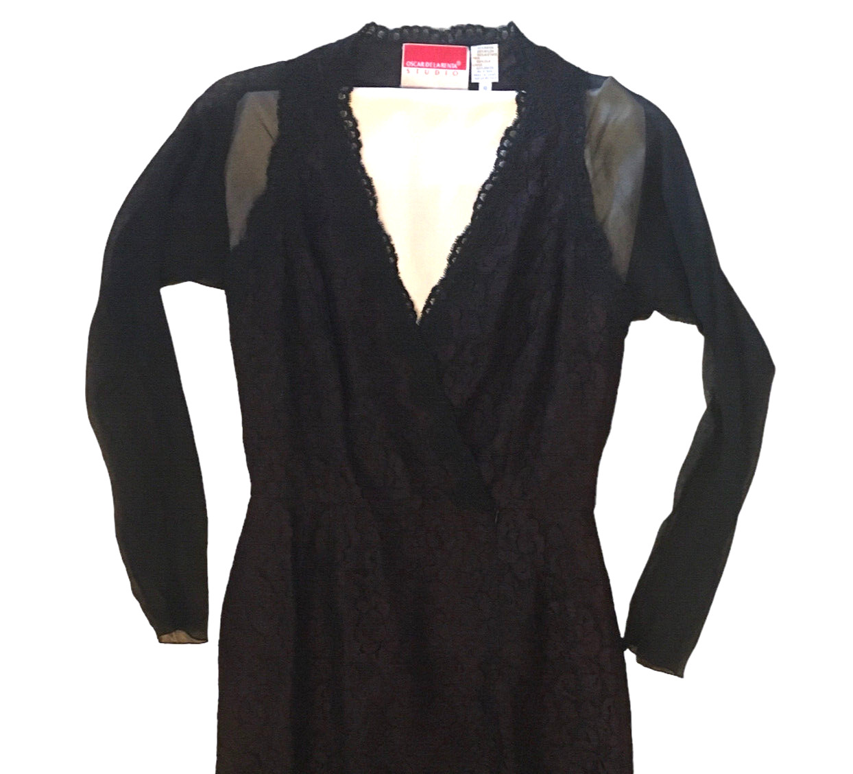 Oscar De La Renta VTG Studio SZ 10 Rose Lace Black Dress w/ Sheer Back & Sleeves