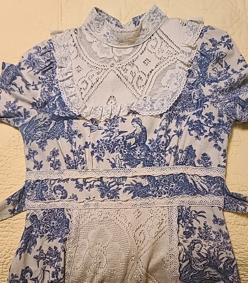Gunne Sax Jessica Mcclintock Toile De Jouy Prarie Dress Vtg 70s Sz 9 Blue Cream