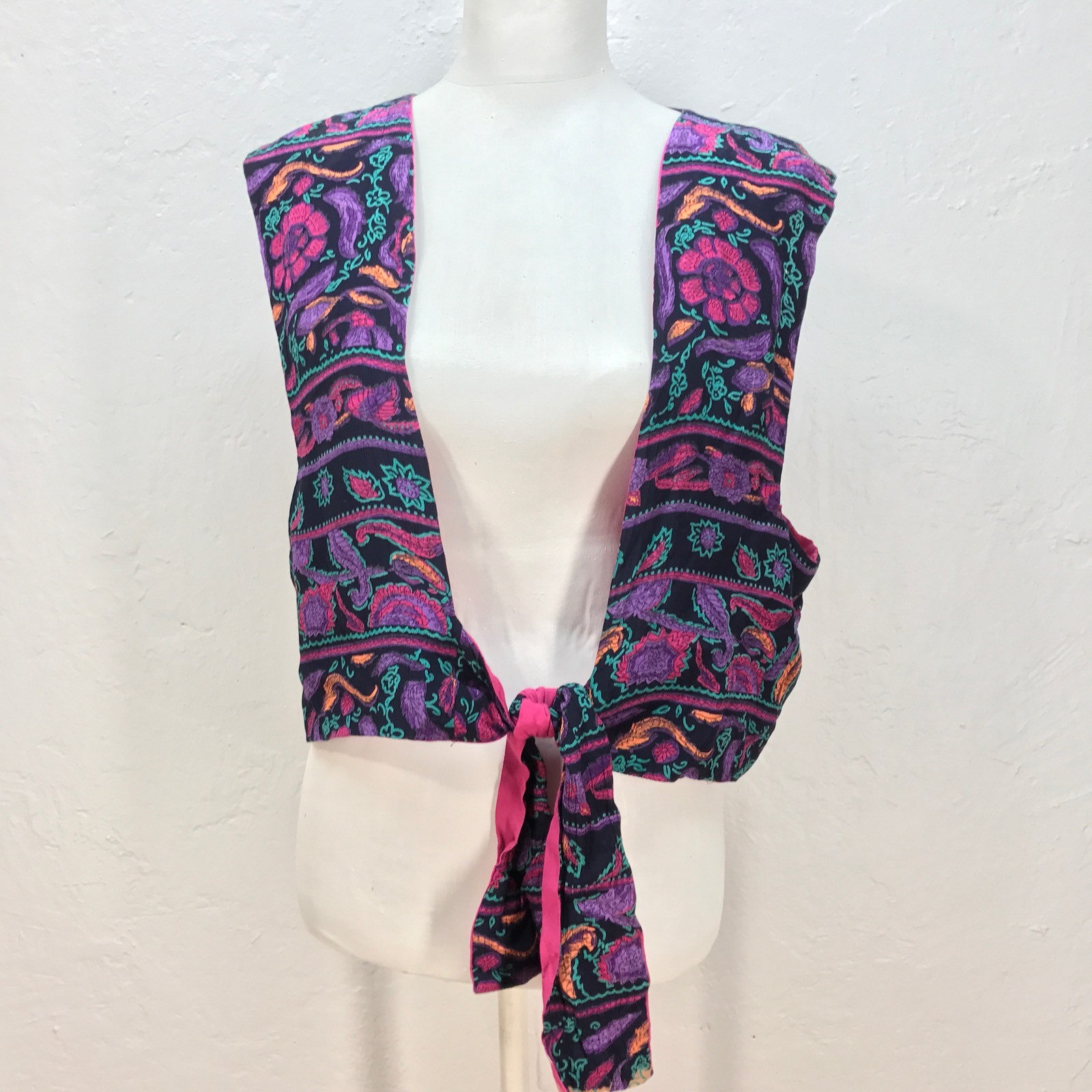 VTG 80’s Floral Reversible Tie Vest XL As 14 Rayon Flowing New Age Black Pink