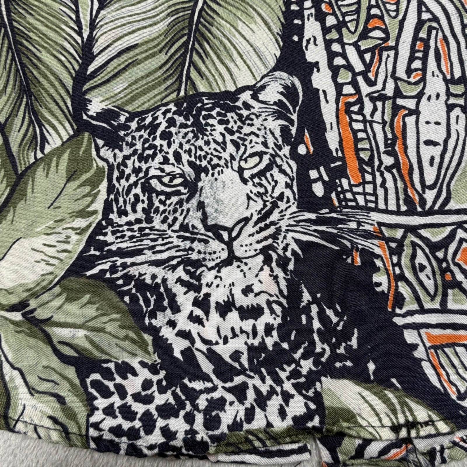 Vintage 90s Anxiety Leopard Jungle Print Rayon Shirt Green Black Small Made USA
