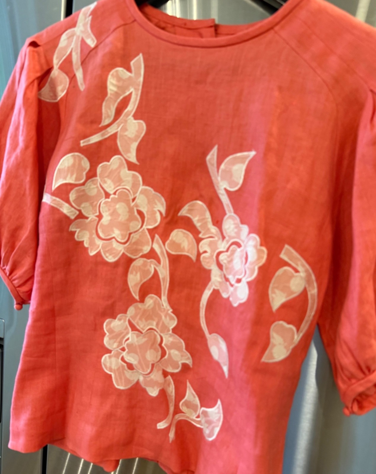 Vtg ANNE CRIMMINS UMI Collections Coral Linen Applique Puff Sleeve Top Sz 4