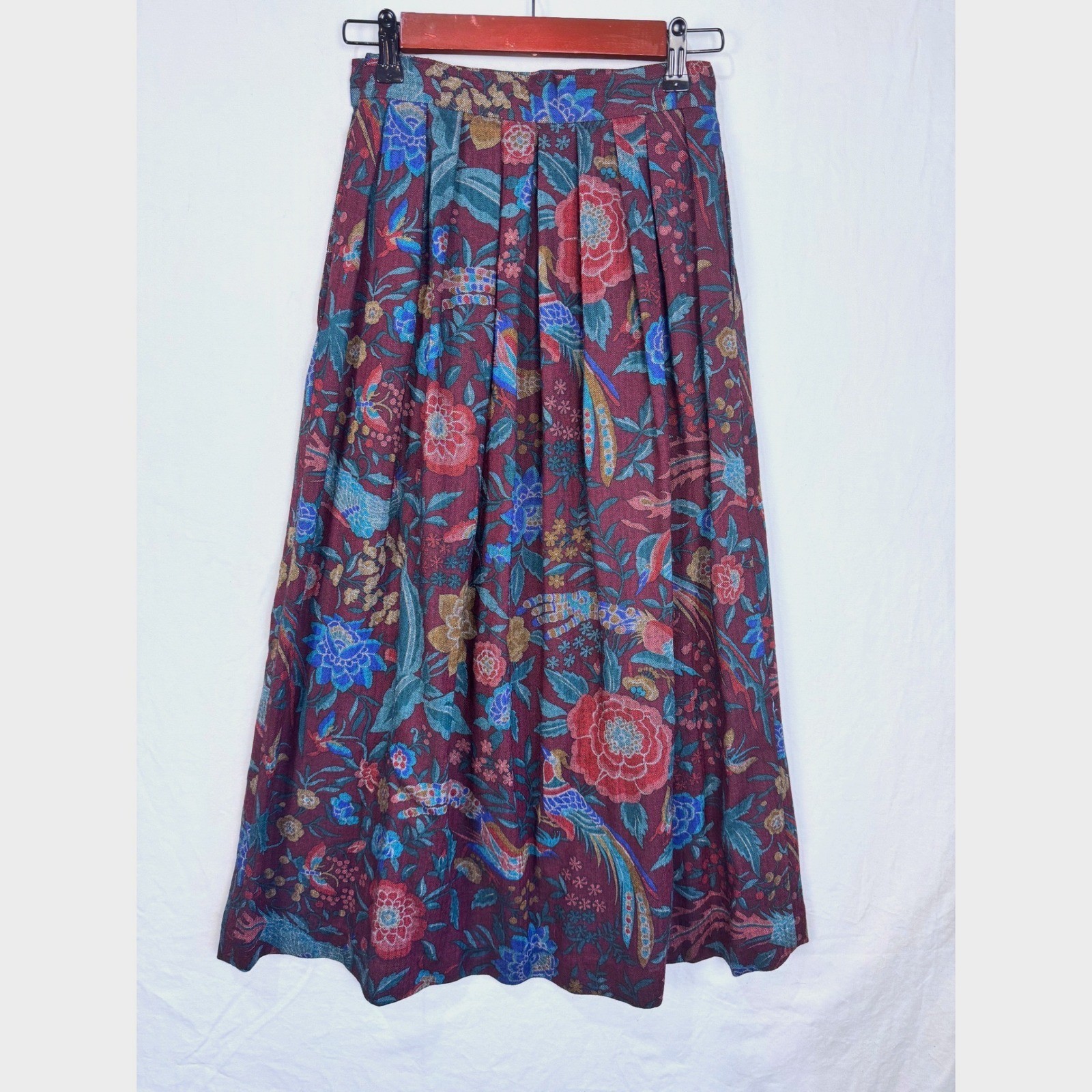 Jerri Sherman Vintage Wool Pleated Midi Skirt Burgundy Floral Pockets Size 2 NWT