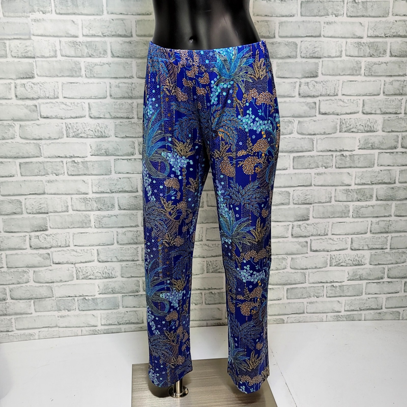 Vintage 70s Blue Tropical Print Pant Set Womens M Lounge Resort Mod 2 Piece USA