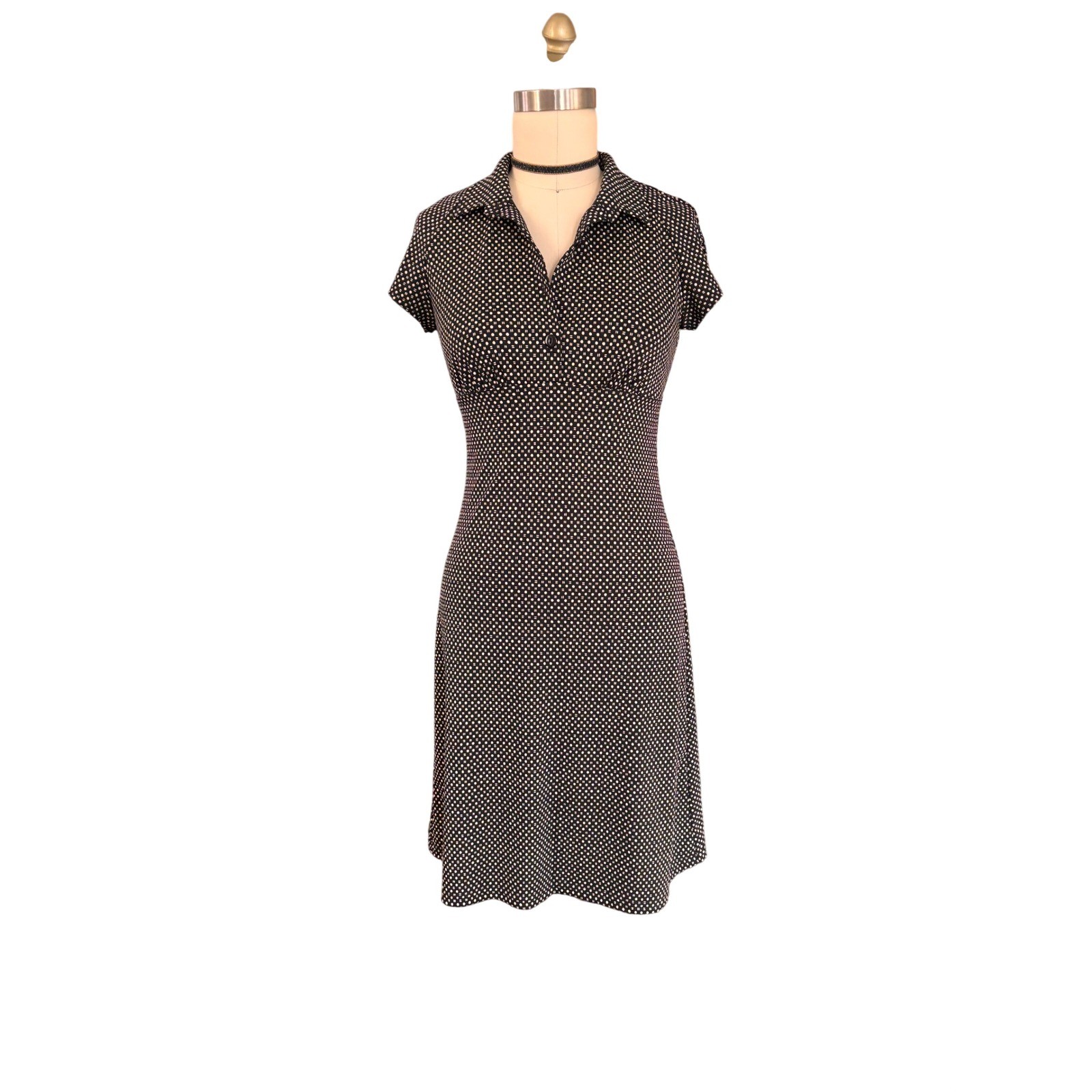 Polka Dot Geometric Byer Too! Collared Empire Waist Dress Small Black Vintage