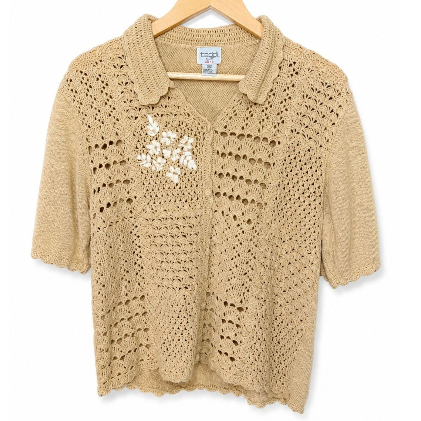 Vintage Teddi Petite Crochet Knit Cotton Button-Up Top P/XL Boho Cottagecore