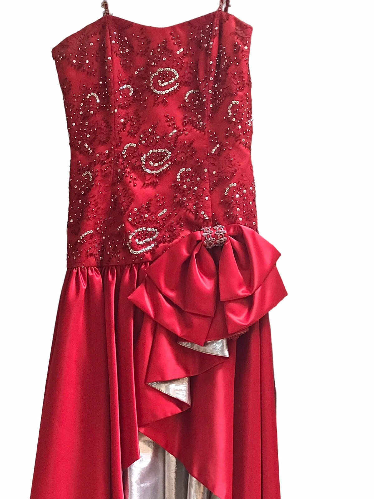 Vintage 90s Custom Handmade Red Satin Prom Evening Dress With Beads Sequin