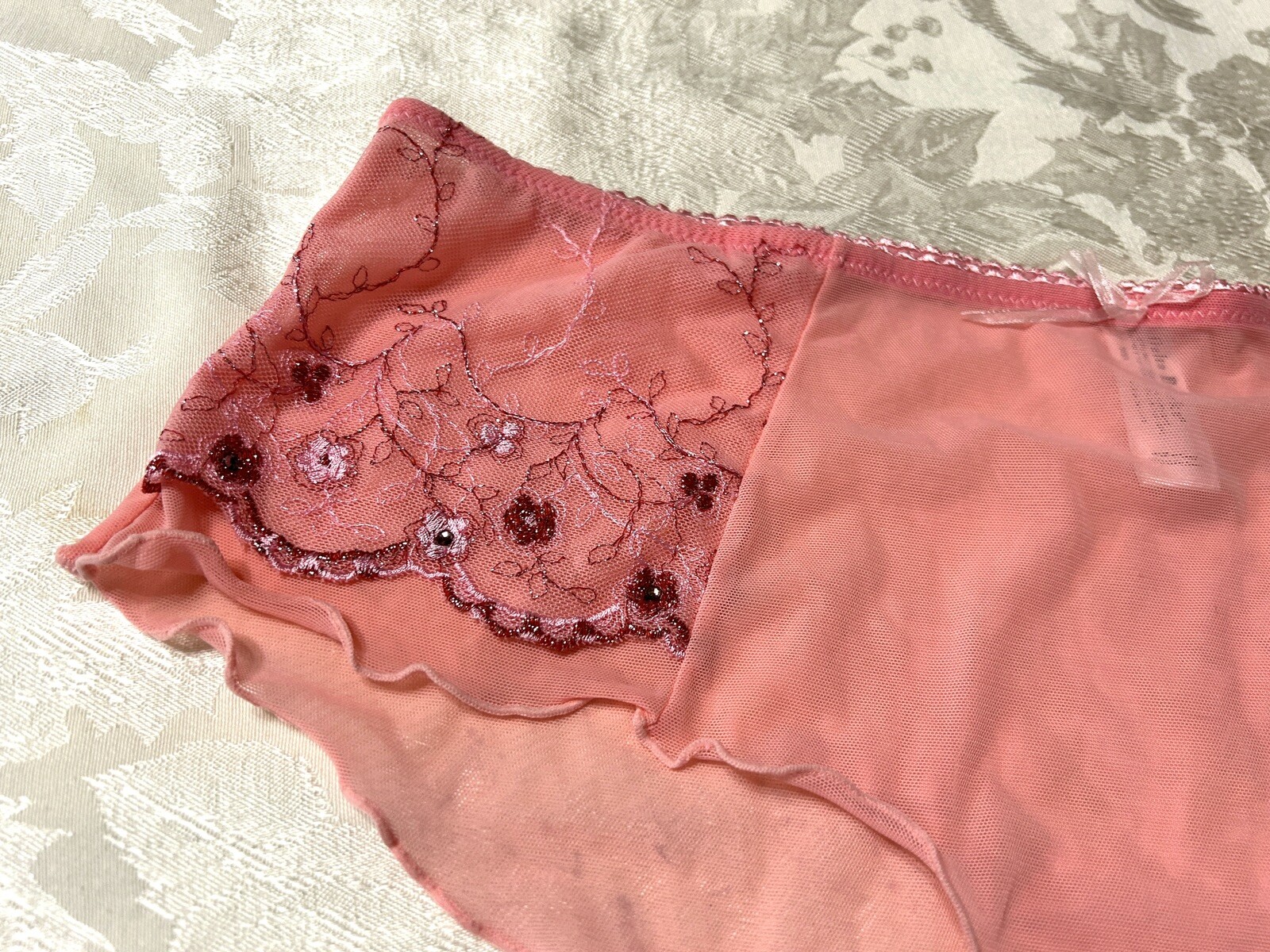 NWOT Vtg DELTA BURKE 6414 Embroidered Sheer Mesh Hipster 9/2X Pink Panties #108