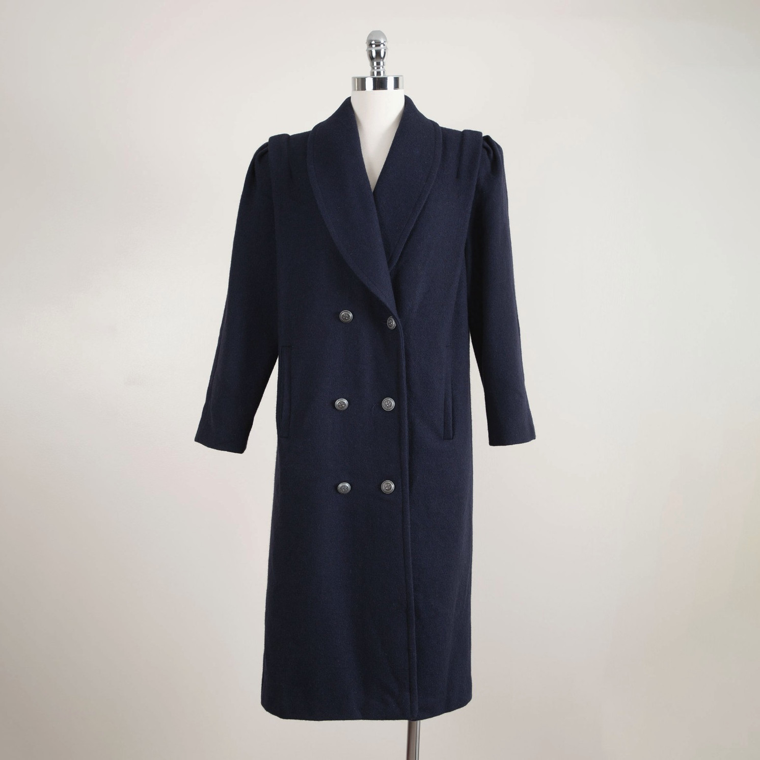 Vintage 80s Wool Shawl Collar Long Double Breasted Overcoat Peacoat Navy Blue