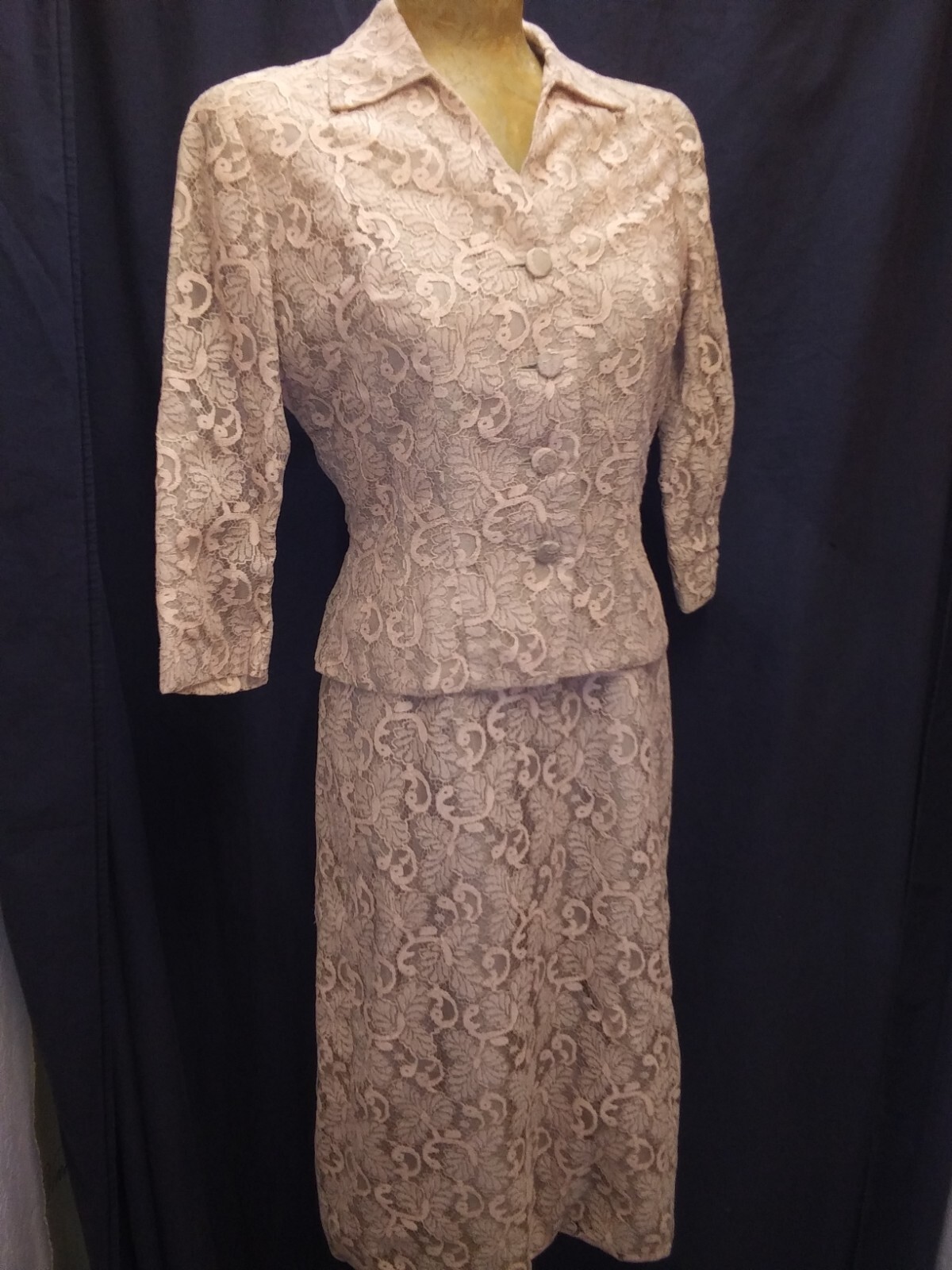 Vintage 1950’s Tan Peach Lace Dress & Jacket Set A Melody Dress M