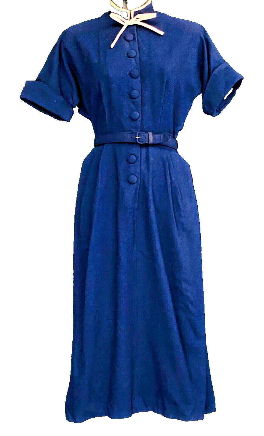 Vintage 1940s 1950s navy blue midi dress, shift wool short sleeve white collar S