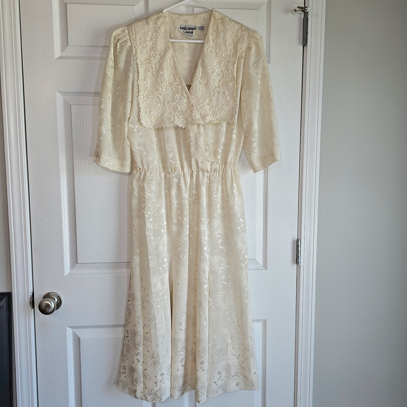 Vintage 80s Melissa Lane Cottagecore Collar Eyelet Lace Shoulder Pads Dress 14