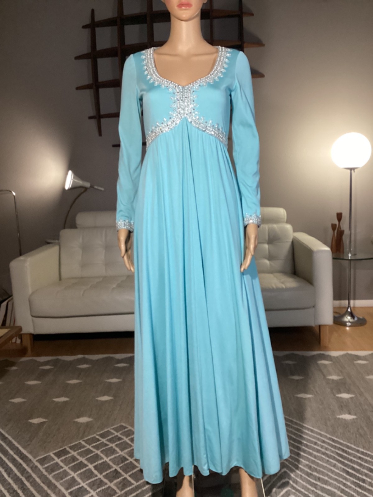 Vintage 60s Victoria Royal Blue Beaded Rhinestone Empire Waist Maxi Dress Gown S