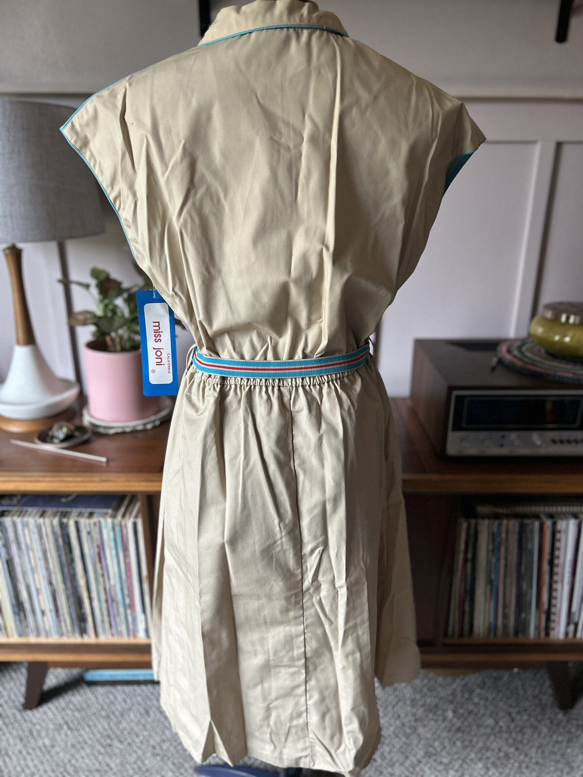 NWT Vintage Women’s Safari Dress 16 XL Tan w/Teal Midi Miss Joni 70’s & Belt