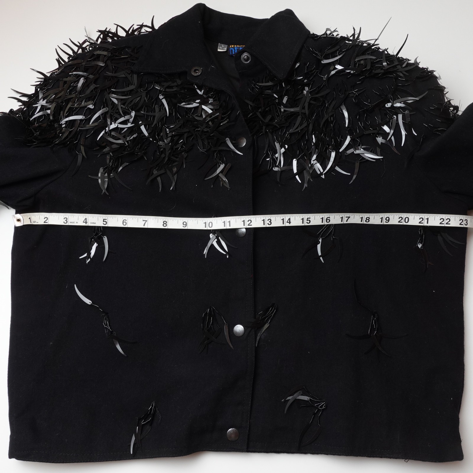Vintage Modi Denim Feather Sequin Jacket Women Size Large Black Beaded Fringe