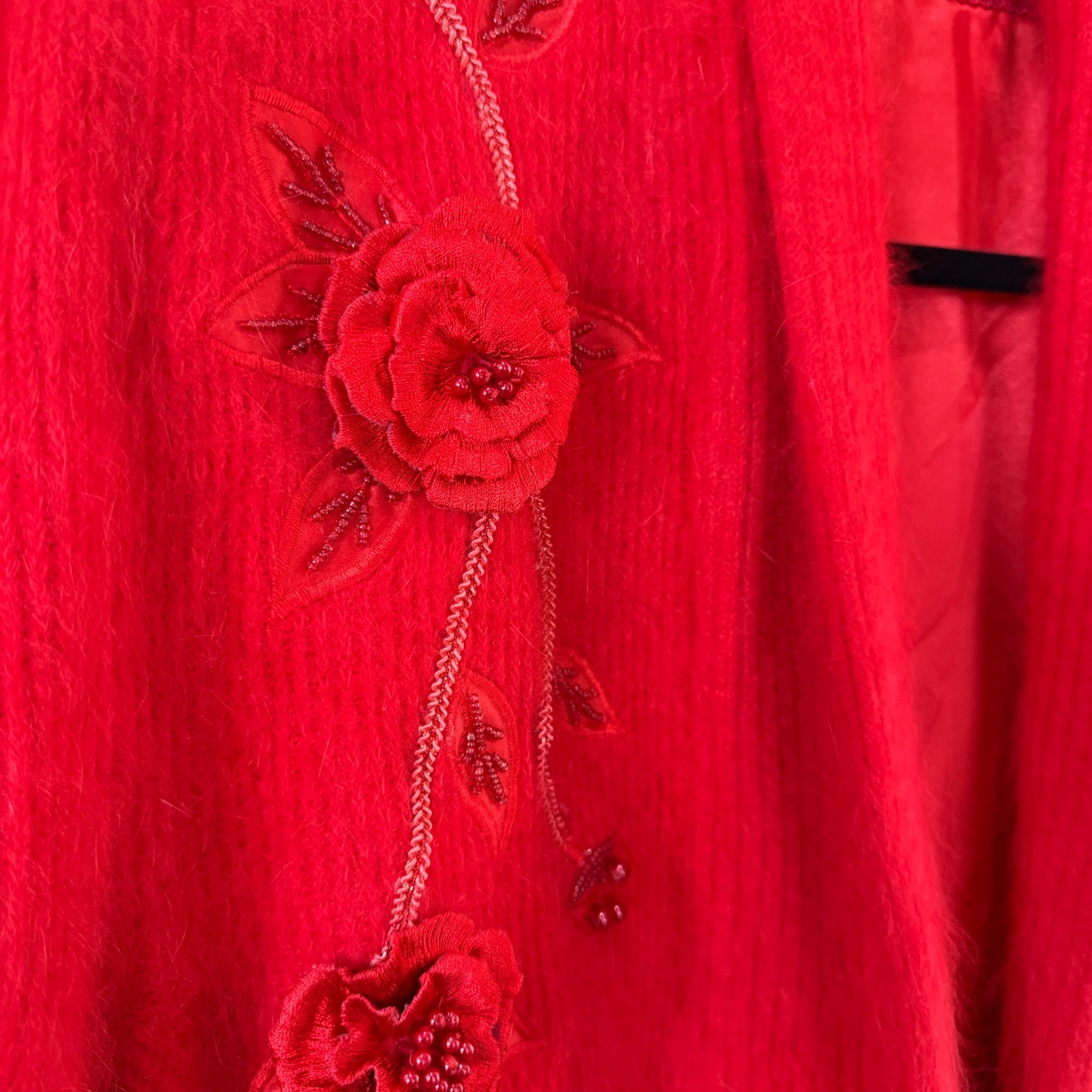Vintage Red Fuzzy Knit Cardigan 3D Floral Beaded Rhinestone Lined Butter Soft