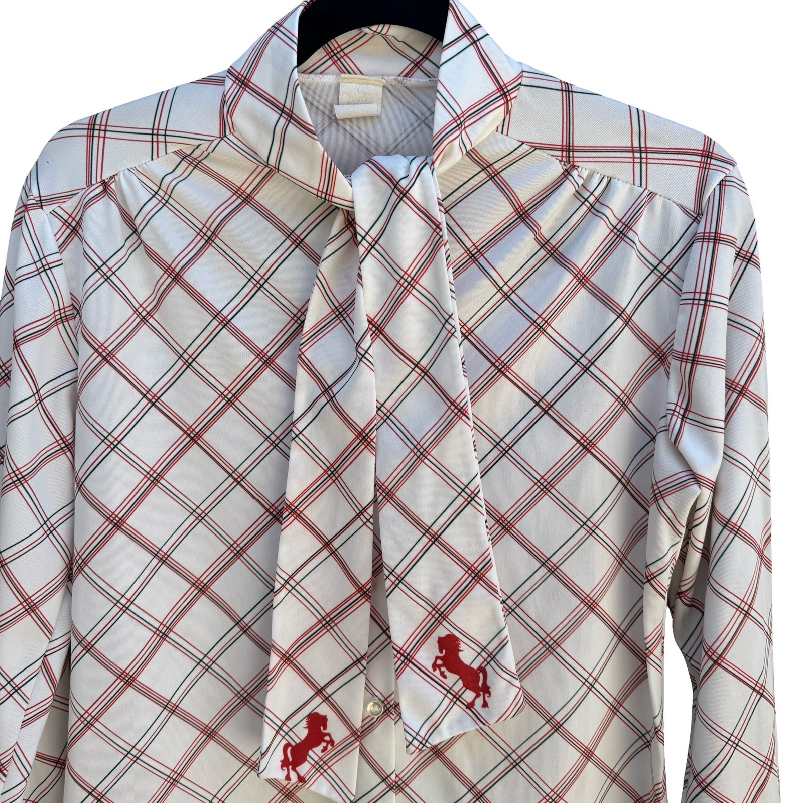 Vintage 70s Bow Tie Neck Blouse Plaid Equestrian Horse Print Americana Retro USA