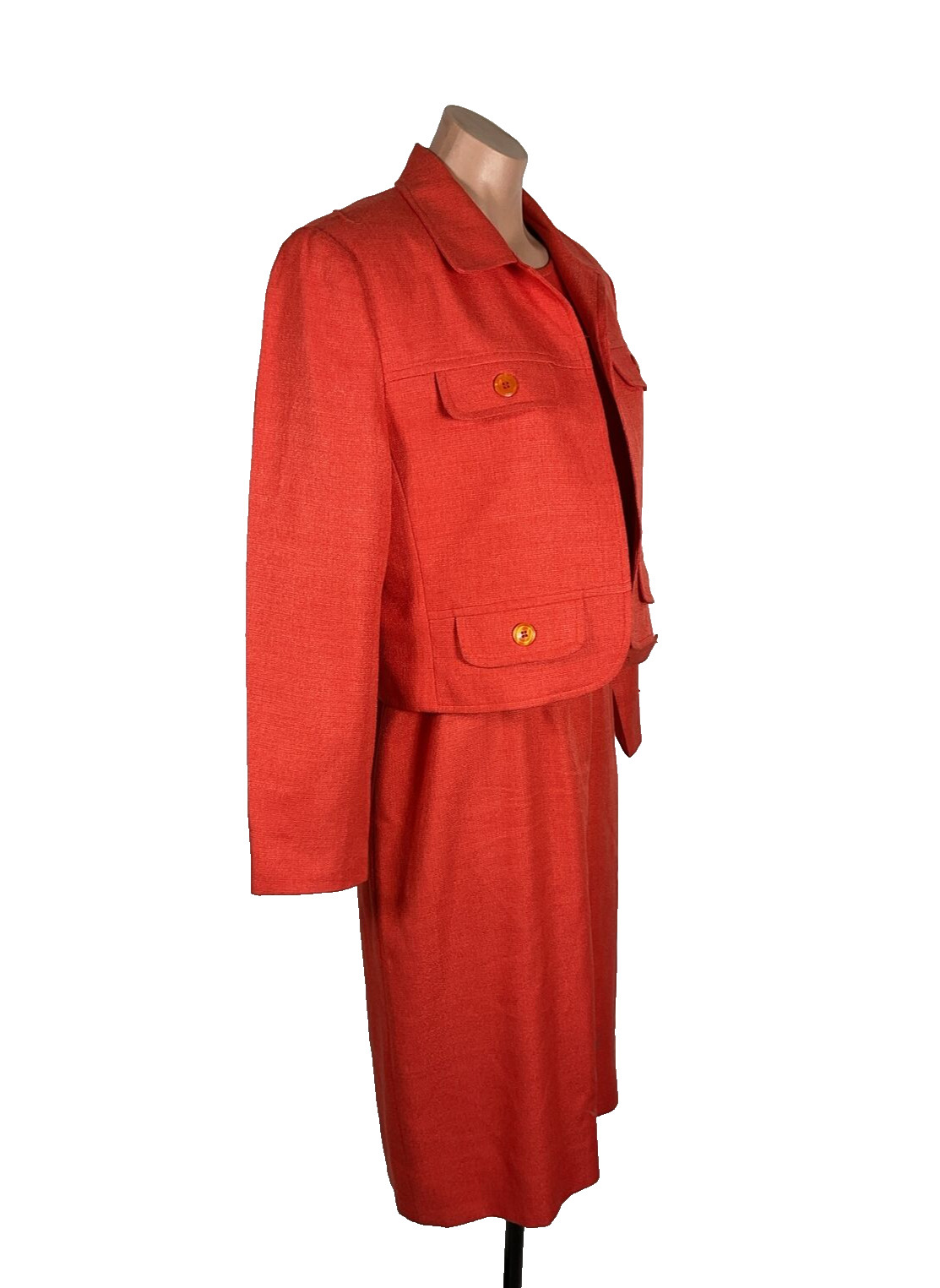 Henry Lee Dress Suit Sz 8 Petite, Coral Orange, made in USA, vintage 90’s Belted