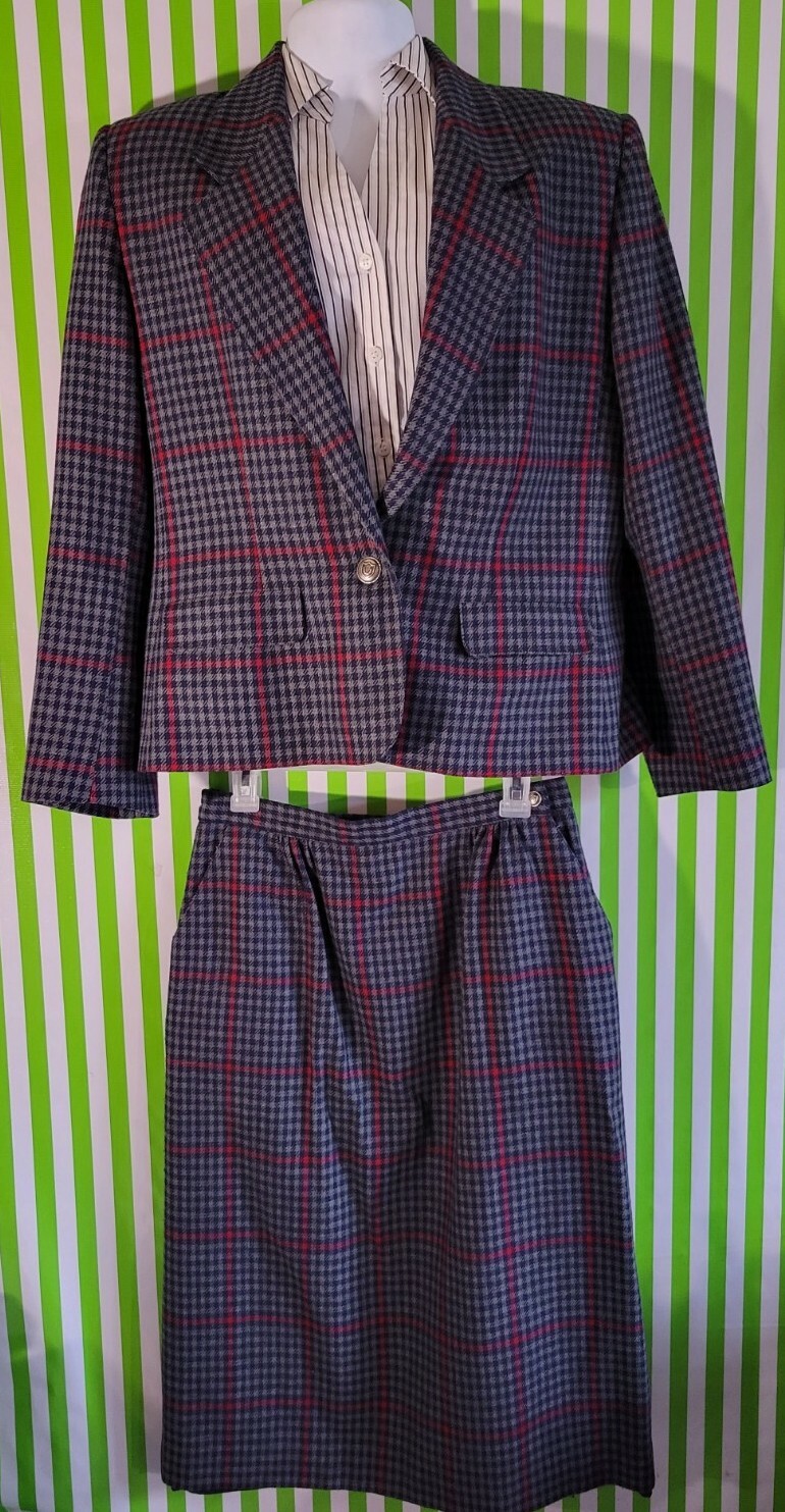 VTG Country Suburbans Navy Plaid Wool Tartan Suit Union Made USA Ladies 14 L/XL