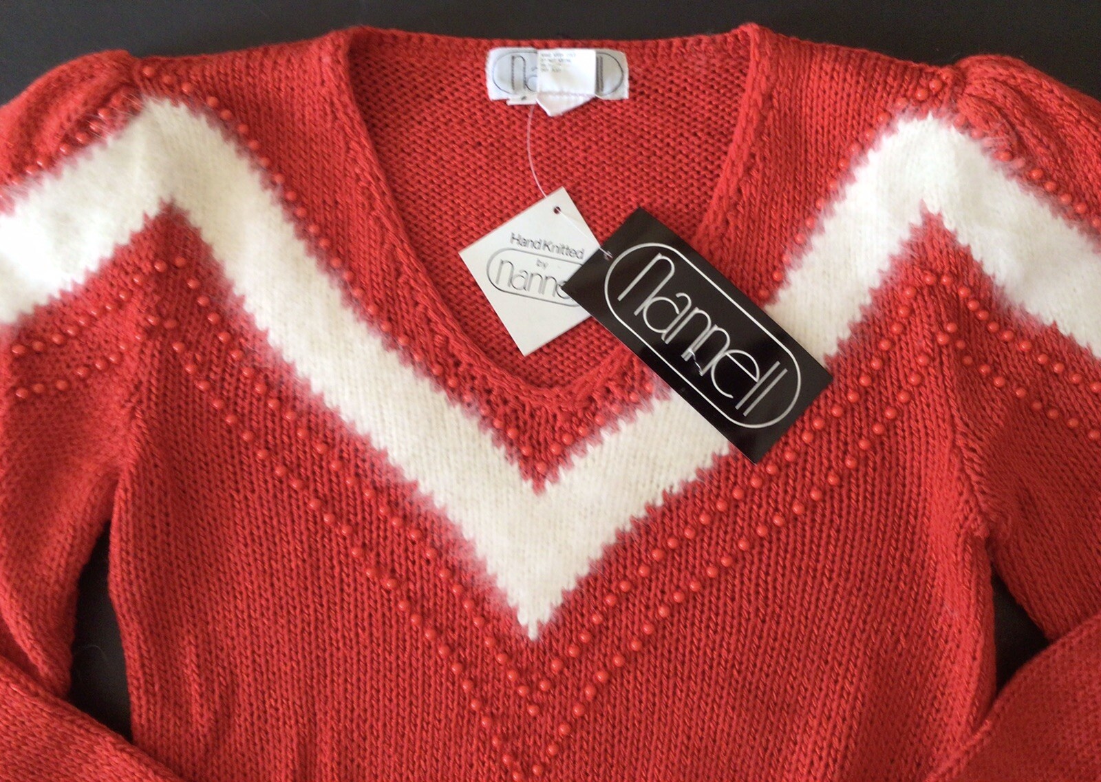 Vtg 80’s NWT Nannell Beaded Sweater Red Puff Sleeve Hand Knit Rayon Angora S