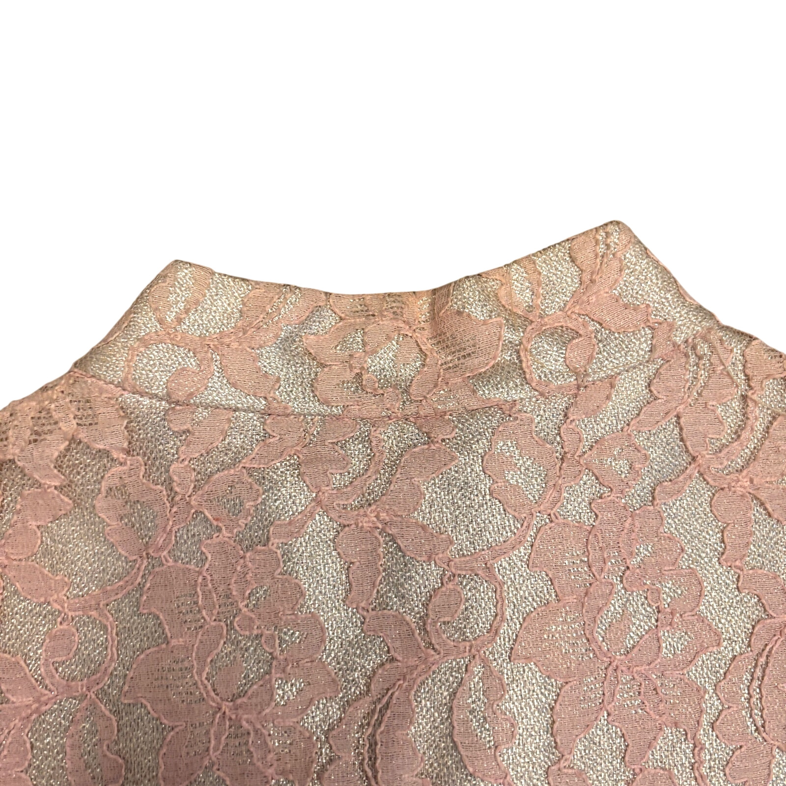 Vtg 60s Pink Metallic Lace Mini Dress S/M High Neck Mod Party Go-Go Sheer Sleeve