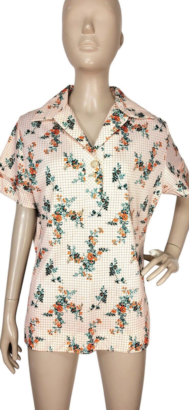 Vintage 60s MOD Check Floral Collared Popover Shirt Orange Blue Women’s Size S/M