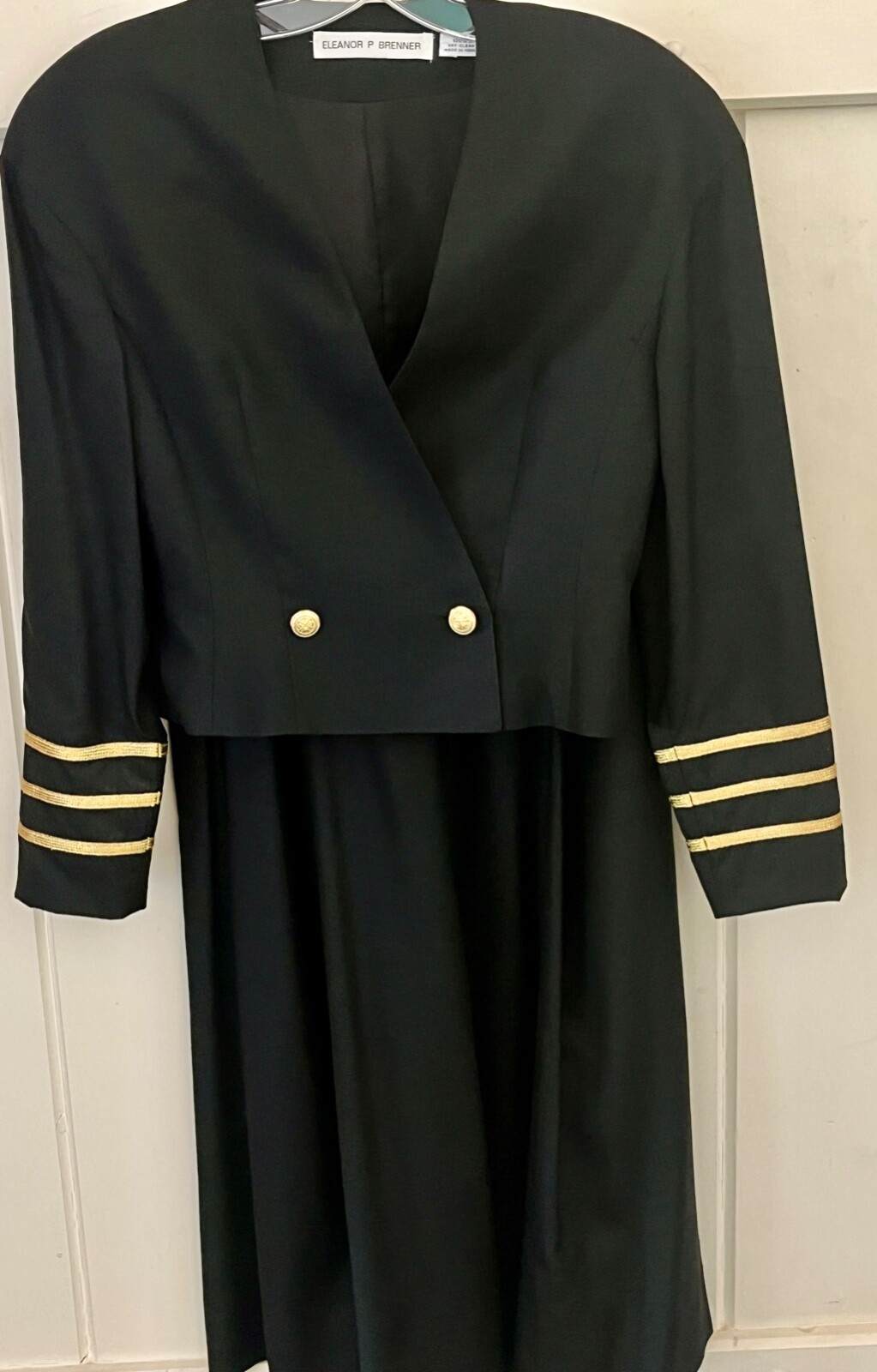 Vtg Eleanor Brenner Military Inspired Black Silk Pantsuit Size 6 Gold Stripes